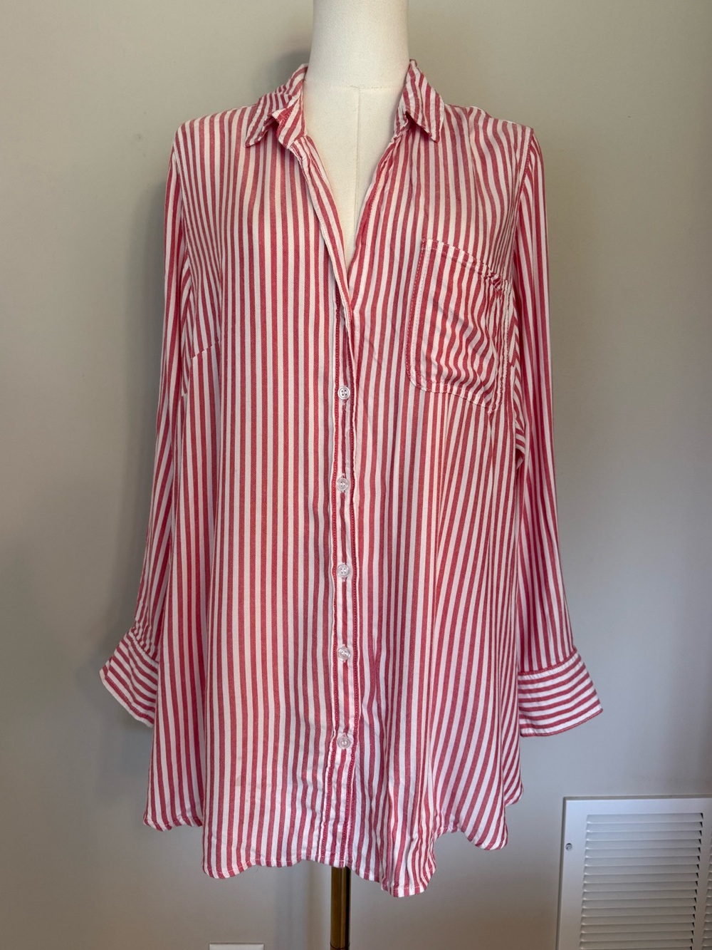 Velvet Heart 1X Red White Striped Tencel Blend Button Down Roll Tab Shirt